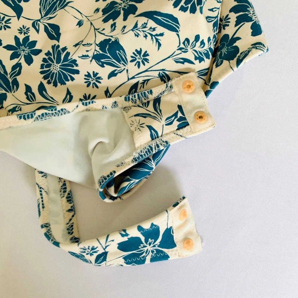 Free People Bodysuit Women S Cream Blue Floral One Shoulder Puff‎ Sleeve Boho - Picture 6 of 12